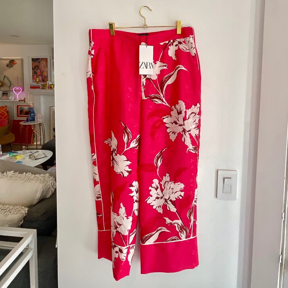 ZARA NEW WOMAN FLORAL PRINTED CROPPED TROUSERS PANT SIZE L NWT